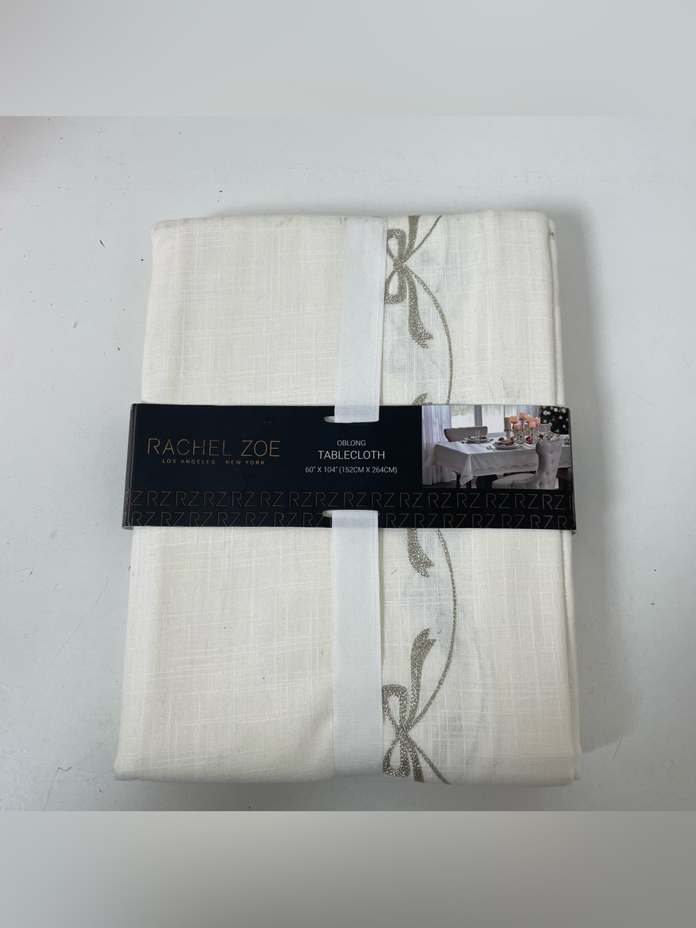 NEW Rachel Zoe Tablecloth Oblong 60” x 104” Linen Cotton Cream Silver Bow Dining